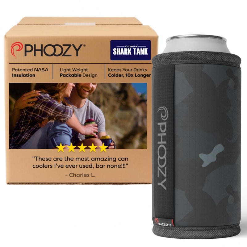 PHOOZY Insulated Can Cooler for Tall 16oz Cans - Patented NASA Insulation Keeps Drinks Cold 10X Longer (Weighs less than 2 ounces) - Keep Your Drinks Cold and Your Hands Warm - Black Camo - Image 1
