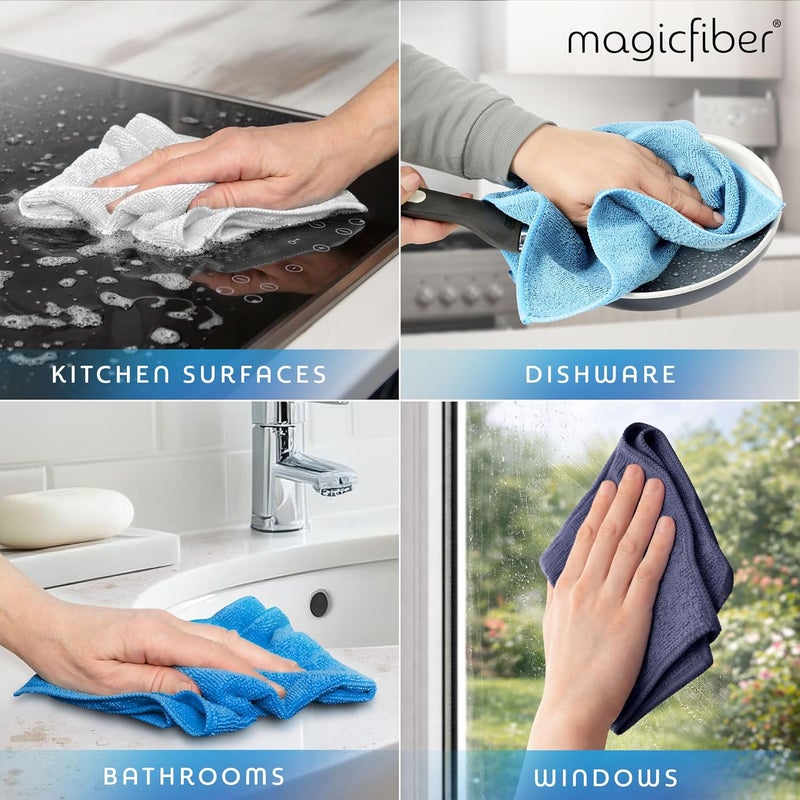 ماجيك فايبر قطعة قماش تنظيف من الألياف الدقيقة MagicFiber - عبوة 12 قطعة، مقاس كبير 13 × 13 بوصة، مناشف قماش تنظيف عالية الامتصاص وخالية من البقع للاستخدام في المنزل، السيارة، النوافذ، التنظيف المنزلي، إزالة الغبار المنزلي، والمطبخ - Image 4