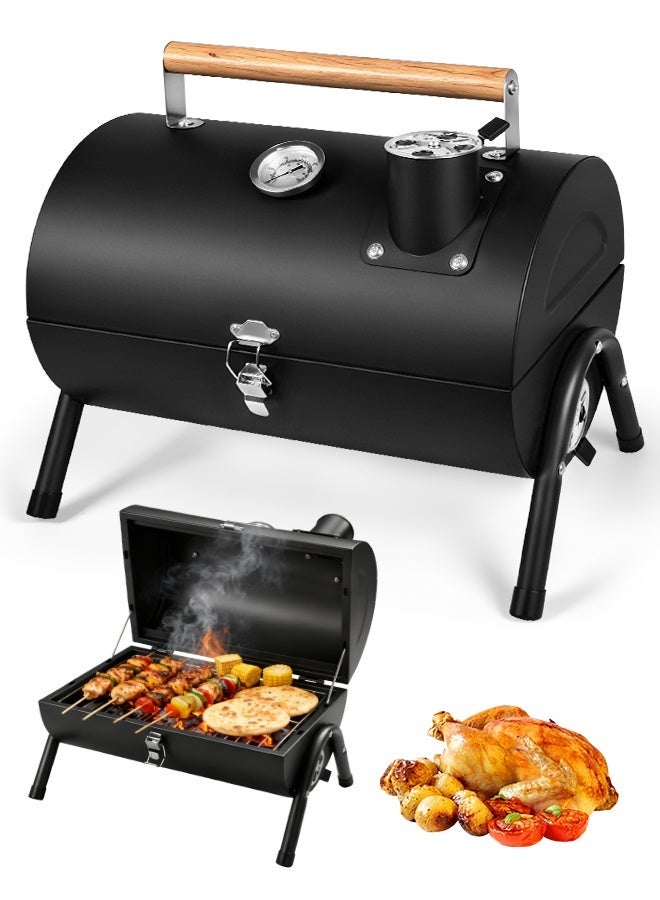 2-in-1 Portable Charcoal Grill Outdoor Stove Small Tabletop Barbecue Grill, Thermometer Stainless Steel Baking Net, Mini Foldable BBQ Smoker for Outdoor Cooking Camping Picnics Patio Backyard