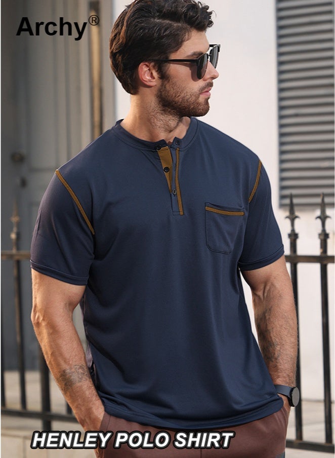 Archy Men's Summer Henley Polo Shirt - Short Sleeve, Stand Collar, Chest Pocket, Color - Block Detail  - Image 1