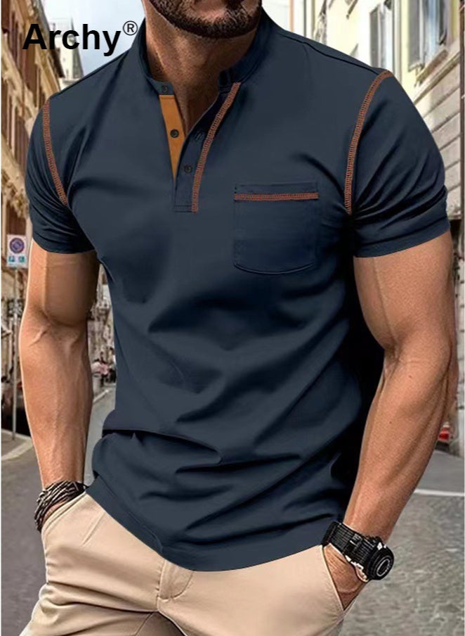 Archy Men's Summer Henley Polo Shirt - Short Sleeve, Stand Collar, Chest Pocket, Color - Block Detail  - Image 2