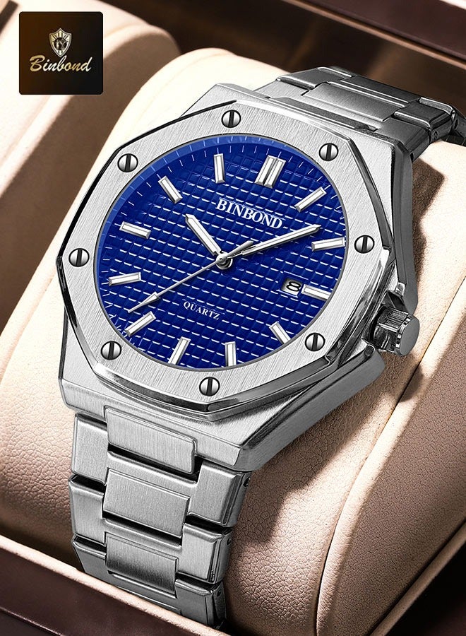 بينبوند BINBOND B0233 أزياء الرجال ووتش عادية كبيرة الطلب الفضة الفولاذ المقاوم للصدأ التقويم كوارتز ووتش كلاسيك العلامة التجارية الأعلى للرجال على مدار الساعة - Image 1