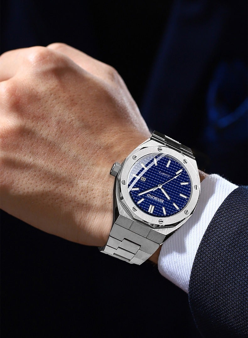 بينبوند BINBOND B0233 أزياء الرجال ووتش عادية كبيرة الطلب الفضة الفولاذ المقاوم للصدأ التقويم كوارتز ووتش كلاسيك العلامة التجارية الأعلى للرجال على مدار الساعة - Image 5