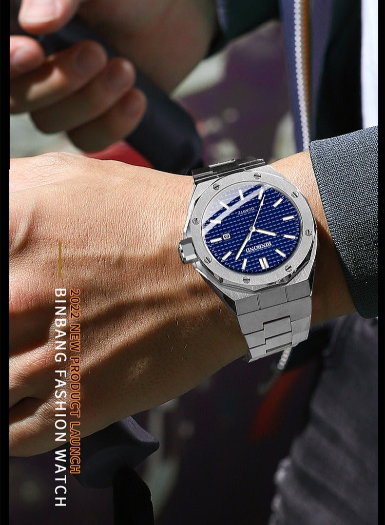 بينبوند BINBOND B0233 أزياء الرجال ووتش عادية كبيرة الطلب الفضة الفولاذ المقاوم للصدأ التقويم كوارتز ووتش كلاسيك العلامة التجارية الأعلى للرجال على مدار الساعة - Image 2