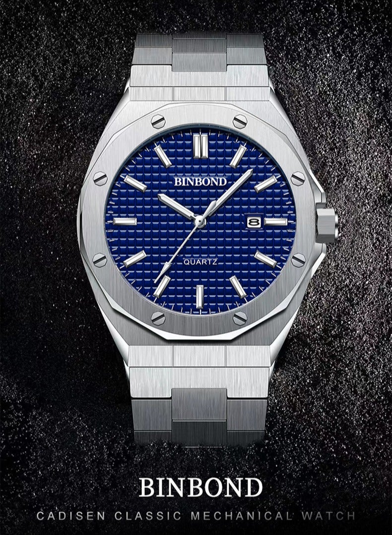 بينبوند BINBOND B0233 أزياء الرجال ووتش عادية كبيرة الطلب الفضة الفولاذ المقاوم للصدأ التقويم كوارتز ووتش كلاسيك العلامة التجارية الأعلى للرجال على مدار الساعة - Image 4