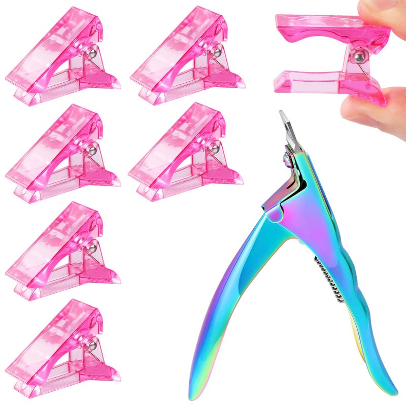 MIKIMIQI 6 Pcs Poly Gel Quick Building Nail Tips Clip Pink Transparent Finger Extension UV LED Builder Nail Tips Clips with 1 Pc Acrylic Nail Tips Clipper Trimmer Cutter for Quick Building Manicure