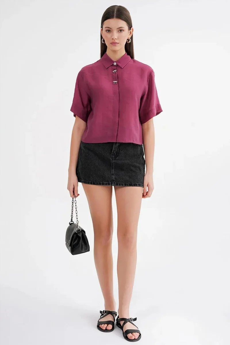 Mixray Mixray Short Sleeve Crop Shirt with Stone Accessories