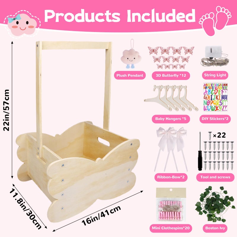 FVNPIHAM Baby Shower Basket, Wooden Baby Shower Crate Closet with Handle, Large Capacity Baby Closet Personalized Baby Gifts Basket for Newborn Girls, Pregnancy Gifts for New Parent - Image 5