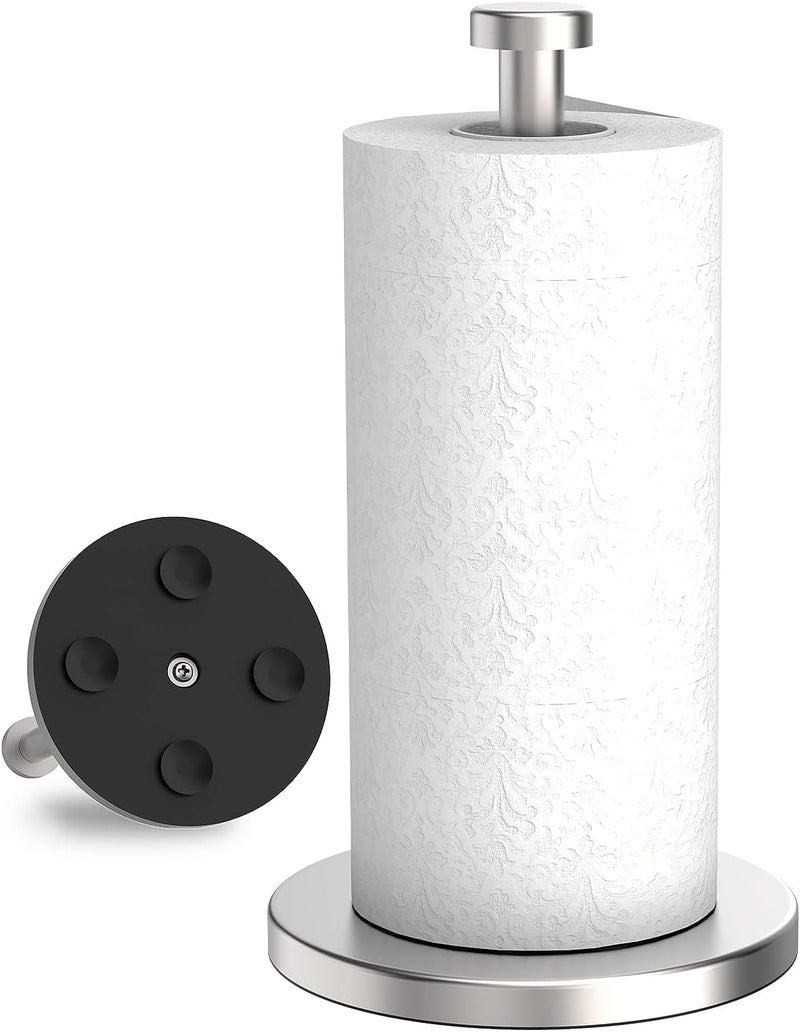 KASTWAVE Paper Towel Holder Countertop, Stainless Steel Paper Towel Holde, Standing Paper Towel Holders for Kitchen Bedroom and Bathroom, Paper Towel Holder Stand with Weighted Base Suction Cups (Silver) - Image 1