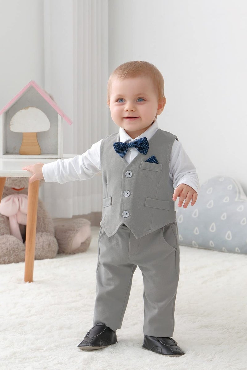 DISAUR Christening Outfits For Boys Long Sleeve Infant White Shirt Gray Vest Pants Bow Tie Newborn Suit For Baby Boy 3 6 Months - Image 2