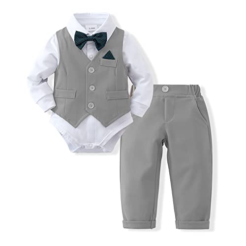 DISAUR Christening Outfits For Boys Long Sleeve Infant White Shirt Gray Vest Pants Bow Tie Newborn Suit For Baby Boy 3 6 Months - Image 1