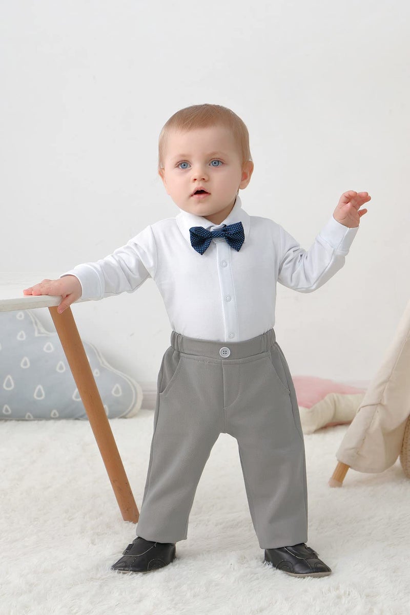 DISAUR Christening Outfits For Boys Long Sleeve Infant White Shirt Gray Vest Pants Bow Tie Newborn Suit For Baby Boy 3 6 Months - Image 3