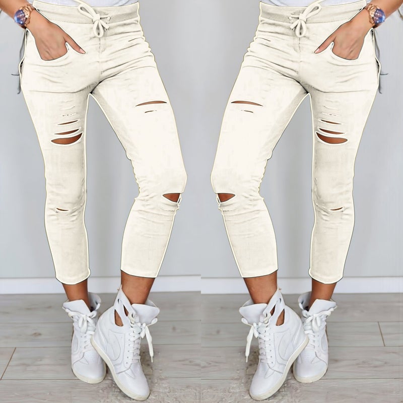 Women Ripped Skinny Pants Stretchy Soft White S Size Cropped Slim Fit Casual Daily Wear - Image 4
