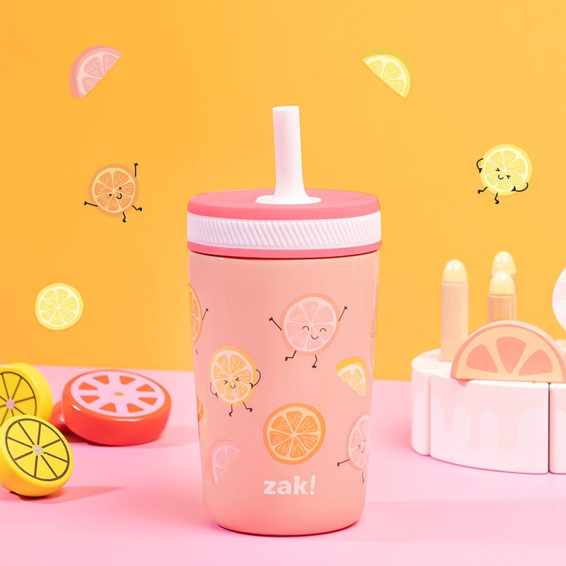 زاك ديزاينز Kelso Tumbler Toddler Cup For Travel or At Home, 12oz Vacuum Insulated Stainless Steel Sippy Cup With Leak-Proof Design is Perfect For Kids (Happy Fruit) - Image 2