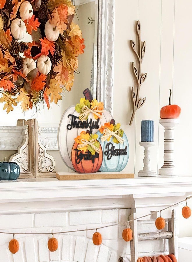 Sophena 3 Pcs Fall Pumpkin Decor Wooden Table Sign Thankful Blessed Grateful Tabletop for Autumn Farmhouse Vintage Thanksgiving Harvest Party Rustic Home Room Table Shelf Halloween Decorations - Image 4