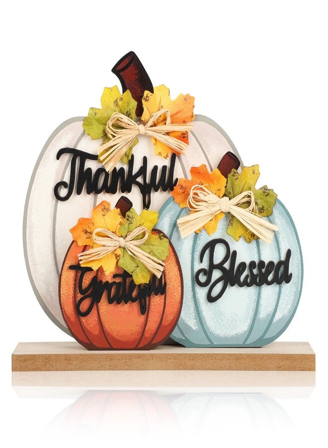 Sophena 3 Pcs Fall Pumpkin Decor Wooden Table Sign Thankful Blessed Grateful Tabletop for Autumn Farmhouse Vintage Thanksgiving Harvest Party Rustic Home Room Table Shelf Halloween Decorations - Image 1