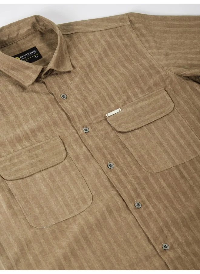 بيونغ Brown Suede Striped Urban Shirt for Men