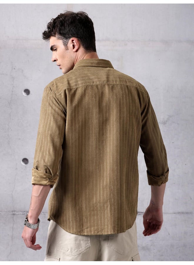 Beyoung - Brown Suede Striped Urban Shirt for Men - Image 1