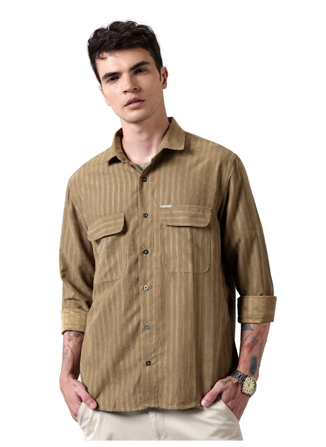 Beyoung Brown Suede Striped Urban Shirt for Men