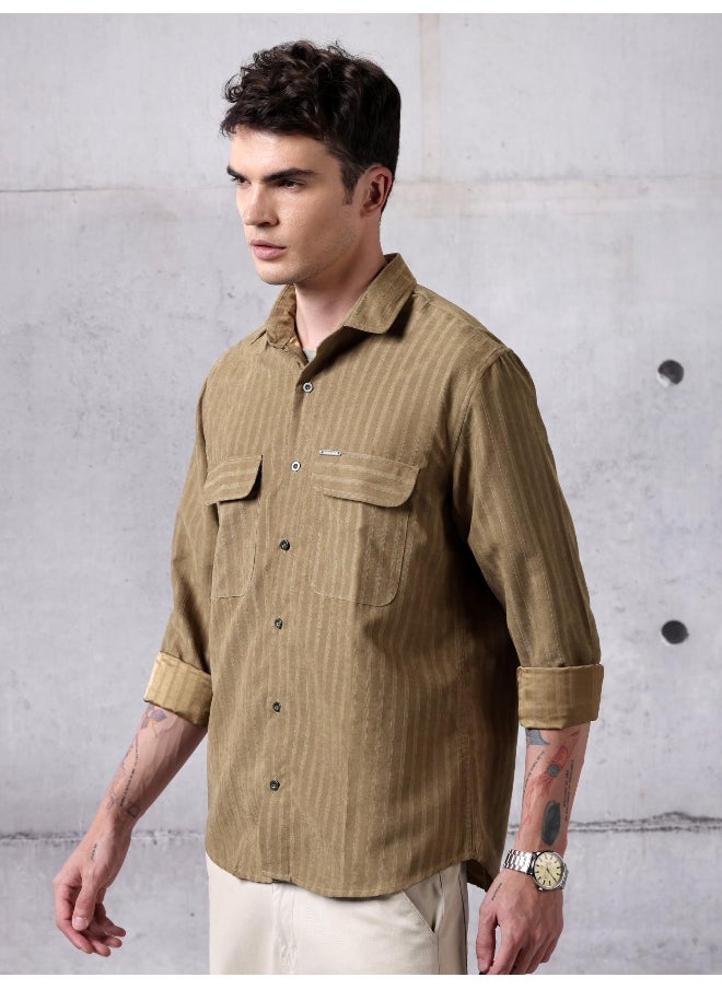 Beyoung - Brown Suede Striped Urban Shirt for Men - Image 1