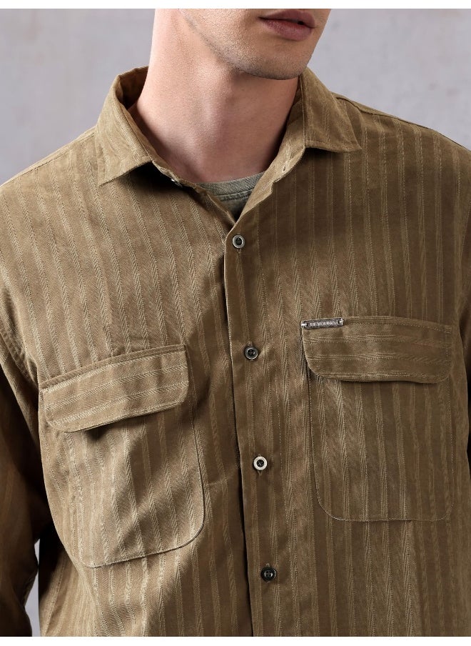 Beyoung - Brown Suede Striped Urban Shirt for Men - Image 1