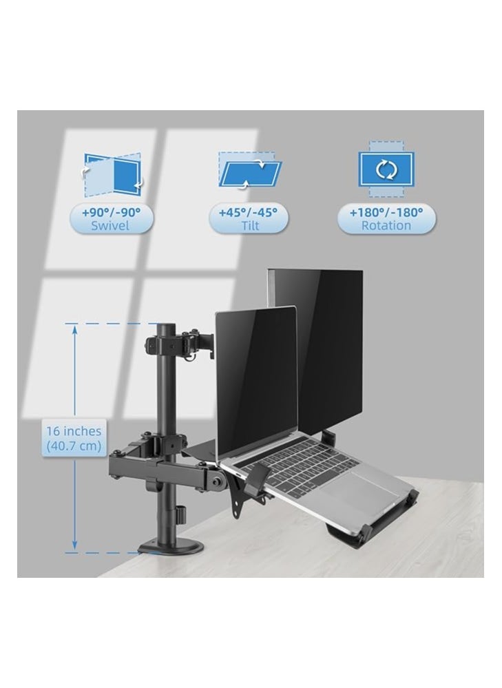 Dual PC Monitor Combo Arm Adjustable Monitor Stand for Notebook with Mount Ultra Wide Full Motion Swivel Long Arm with Gas Spring for Monitors