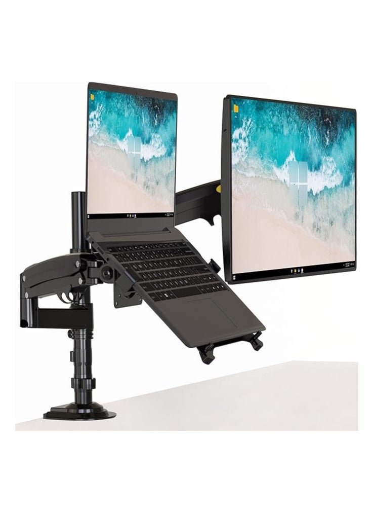 Dual PC Monitor Combo Arm Adjustable Monitor Stand for Notebook with Mount Ultra Wide Full Motion Swivel Long Arm with Gas Spring for Monitors
