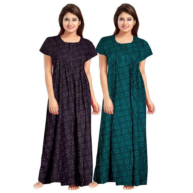 YUKATA Nighty for Women Cotton Printed Maxi Gown Ankle Length Nighty Night Dress Gown for Women Maxi - Free Size (Pack of 2) (Free Size, Coffee&Green) - Image 1