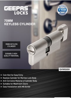 GEEPAS Geepas Mortise Cylinder 70 MM,  Coin Slot For Easy Entry, Keyless Cylinder For Mortise Lock Body, Anti Corrosive Material, Suitable For Washroom Doors, Easy Installation With M5 Screw.  - Image 5