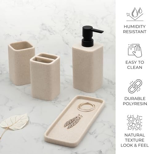 ZCCZ Beige Bathroom Accessory Sets, 4 Pieces Bathroom Accessories Complete Set Vanity Countertop Accessory Set, Includes Lotion Dispenser Soap Pump, Tumbler, Toothbrush Holder and Tray - Image 5