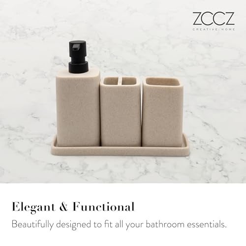 ZCCZ Beige Bathroom Accessory Sets, 4 Pieces Bathroom Accessories Complete Set Vanity Countertop Accessory Set, Includes Lotion Dispenser Soap Pump, Tumbler, Toothbrush Holder and Tray - Image 2