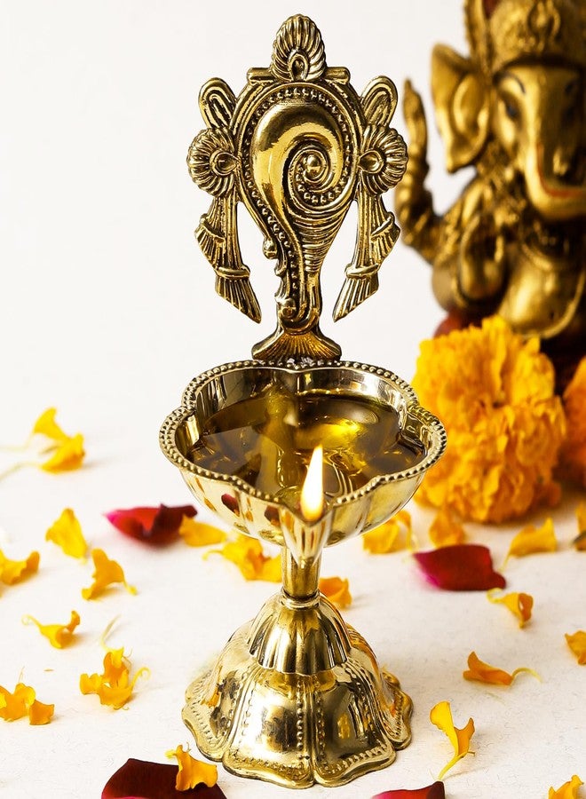 Klassic 4.5 Inch Golden Pure Brass Shankh Chakra Aarti Diya | Traditional Pooja Diya for Mandir, Temple & Diwali Decoration | Gold Finish (Pack of 1) - Image 1