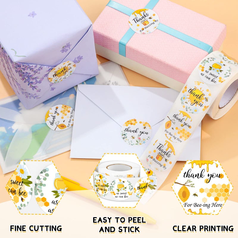 Eersida 500 Pcs 1.5 Inch Bee Thank You Stickers Bulk Bee Themed Stickers Honeybee Paper Decal Round Honey Labels Honeybee Baby Shower Favors for Jars Bottle Baby Shower Party Favor Birthday - Image 3