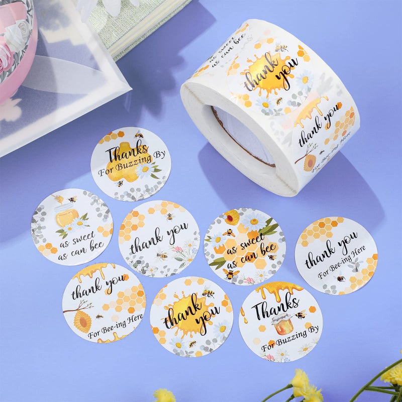 Eersida 500 Pcs 1.5 Inch Bee Thank You Stickers Bulk Bee Themed Stickers Honeybee Paper Decal Round Honey Labels Honeybee Baby Shower Favors for Jars Bottle Baby Shower Party Favor Birthday - Image 4