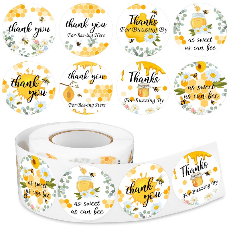 Eersida 500 Pcs 1.5 Inch Bee Thank You Stickers Bulk Bee Themed Stickers Honeybee Paper Decal Round Honey Labels Honeybee Baby Shower Favors for Jars Bottle Baby Shower Party Favor Birthday - Image 1
