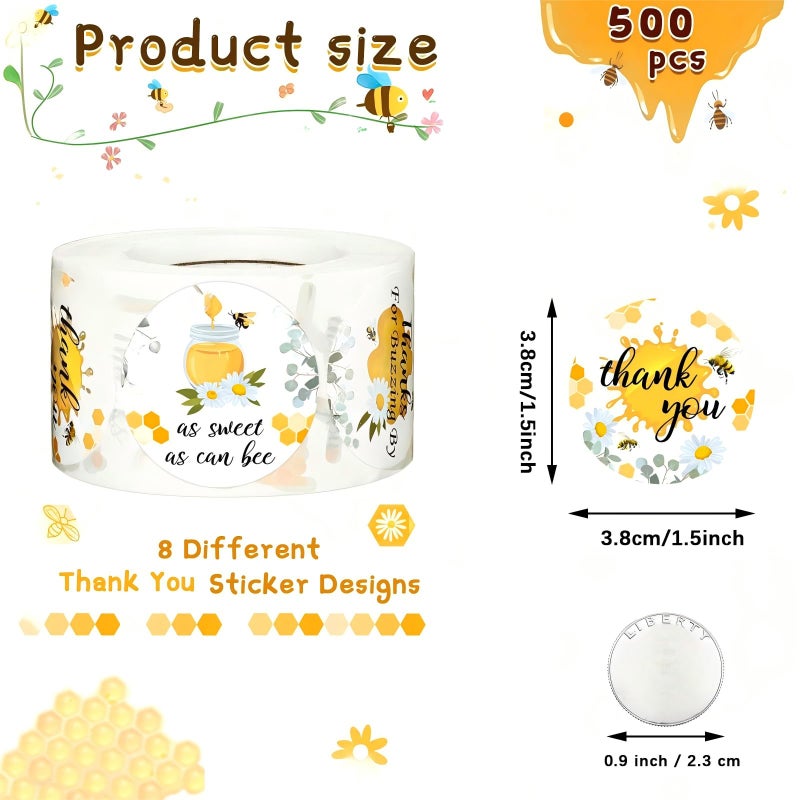 Eersida 500 Pcs 1.5 Inch Bee Thank You Stickers Bulk Bee Themed Stickers Honeybee Paper Decal Round Honey Labels Honeybee Baby Shower Favors for Jars Bottle Baby Shower Party Favor Birthday - Image 2