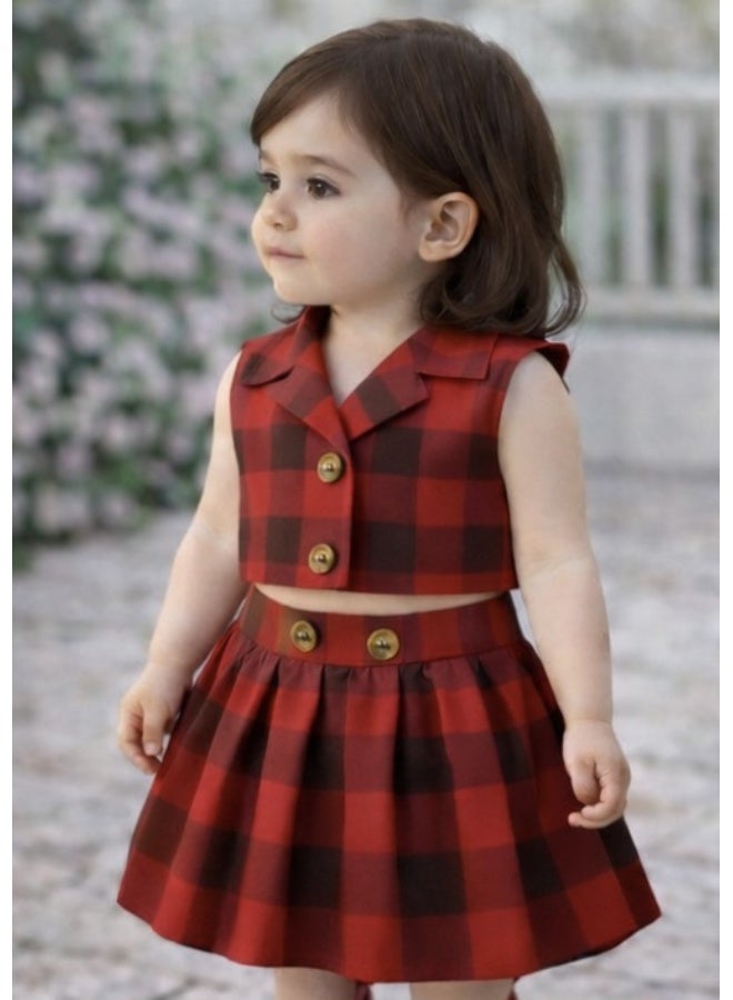 Bold Chic فستان شيري نوار بتصميم مربعات للفتيات - Image 2