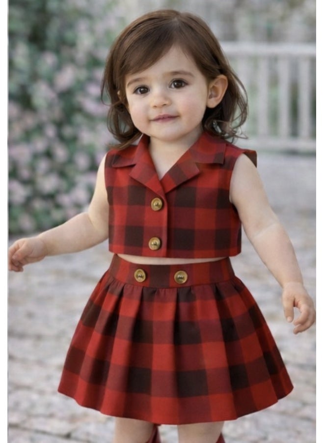 Bold Chic فستان شيري نوار بتصميم مربعات للفتيات - Image 4