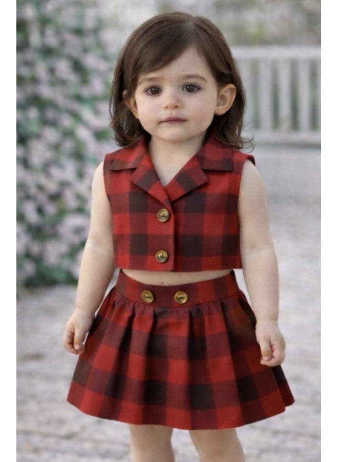 Bold Chic فستان شيري نوار بتصميم مربعات للفتيات - Image 3