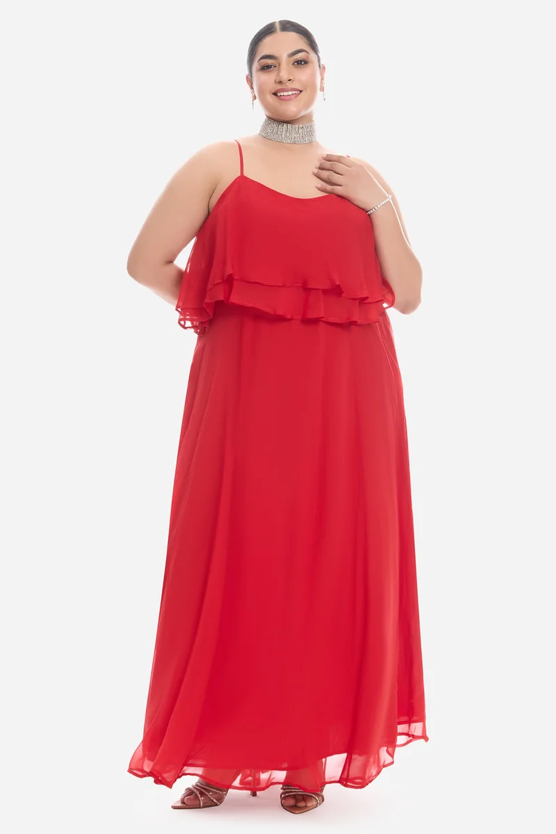 فيرجيو Solid Viscose Strappy Ruffle Flared Plus Size Dress for Women