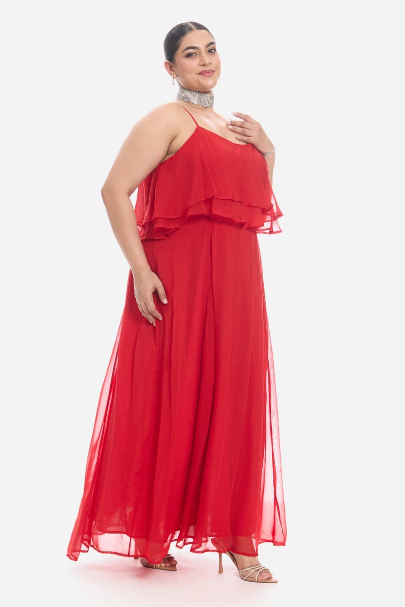 Virgio Solid Viscose Strappy Ruffle Flared Plus Size Dress for Women - Image 4