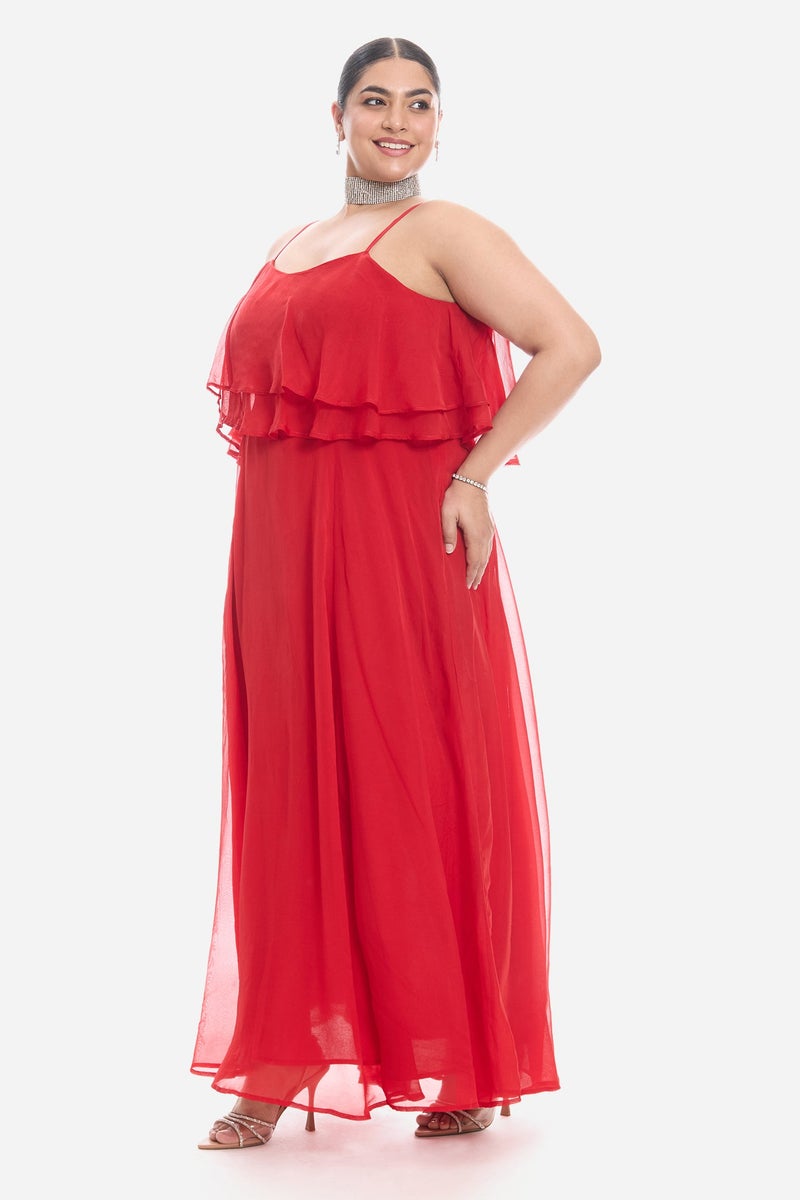Virgio Solid Viscose Strappy Ruffle Flared Plus Size Dress for Women - Image 3