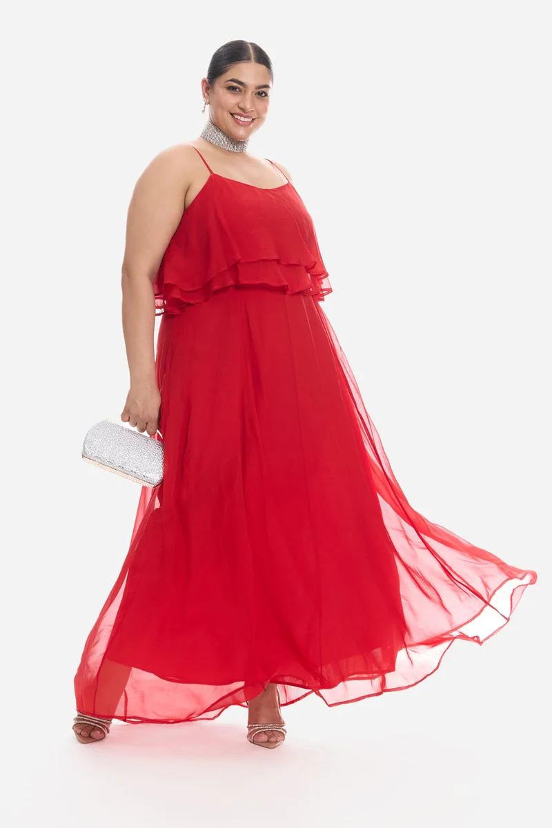فيرجيو Solid Viscose Strappy Ruffle Flared Plus Size Dress for Women