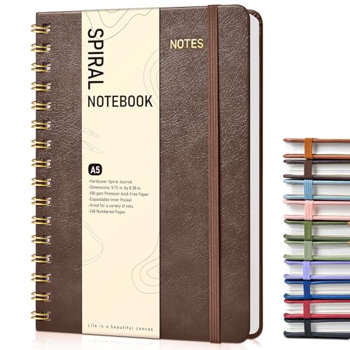 PAPEJOON Dotted Spiral Journal Notebook, A5 Hardcover Spiral Journals for Women Men, 100 GSM Dot Grid Paper Notebooks, 150 Pages Spiral Bullet Dotted Notebook for Writing Note Taking 5.75" x 8.38", Dark Brown - Image 1