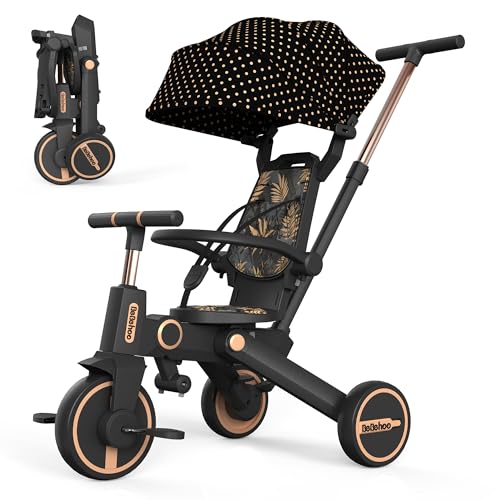 Bebehoo Tricycle Stroller for ToddlerFoldable Baby TricycleKids Balance Bike with Push HandleToddlers Stroller Bike with 1 to 5 Years7in1 Push Tricycle Bike for KidsGold - Image 1