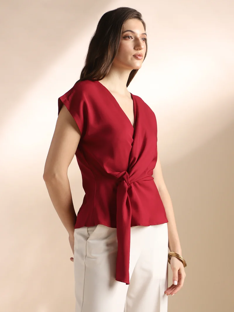 globus Globus Women Maroon Wrap V-Neck Extended Sleeves Solid Twisted Detail Workwear Top