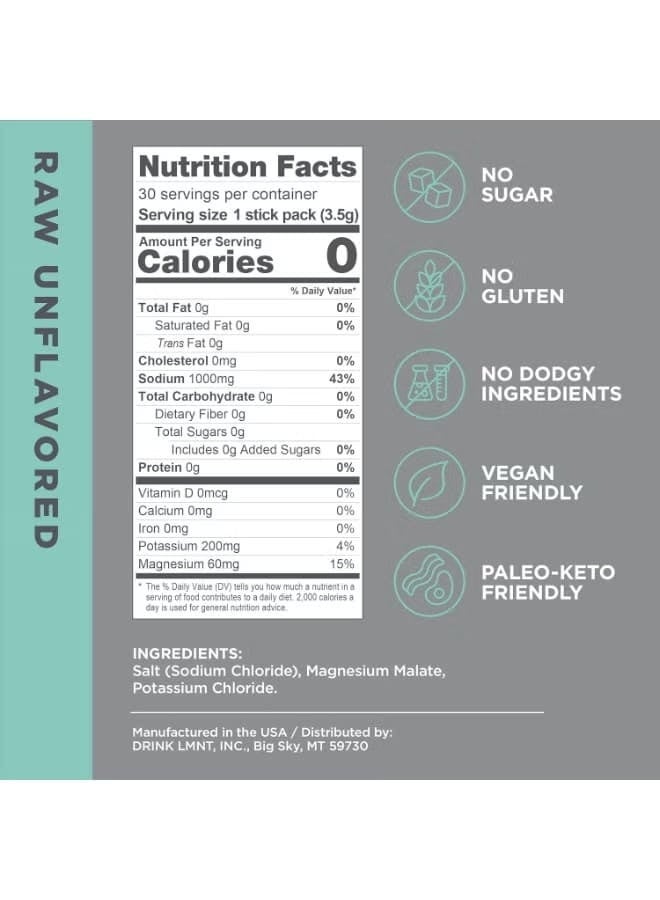 LMNT Zero Sugar Electrolyte Drink - Raw Unflavored - 30 Count - Image 2