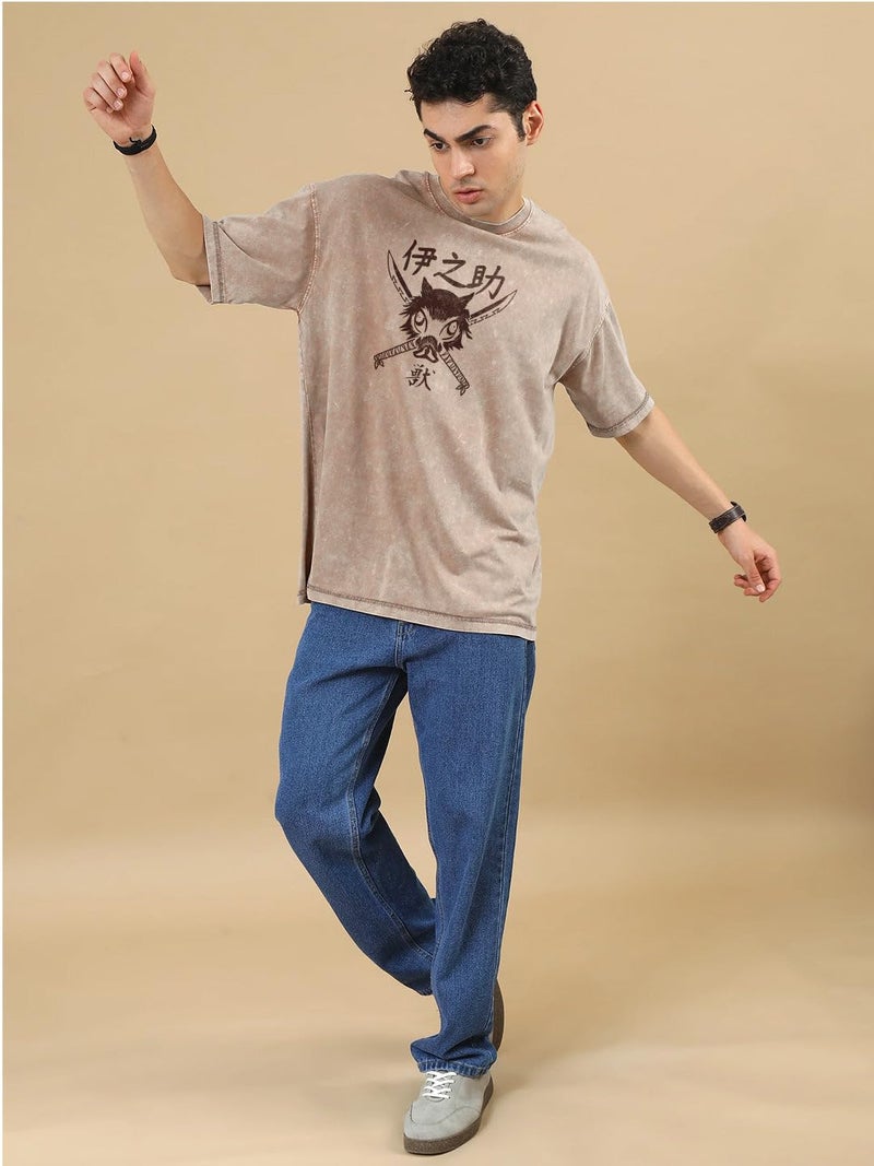 crazymonk Men Cotton Inosuke Hashibra Printed Anime Oversized T-Shirt -Hazzle Nut - M, Beige - Image 3