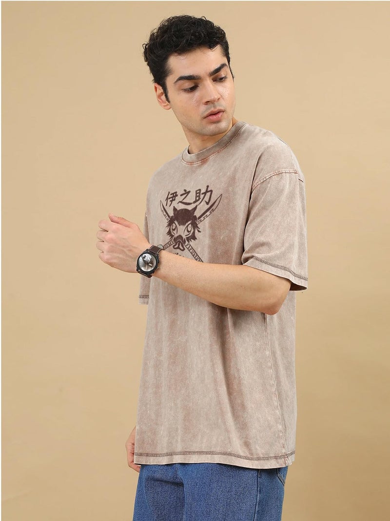 crazymonk Men Cotton Inosuke Hashibra Printed Anime Oversized T-Shirt -Hazzle Nut - M, Beige - Image 4