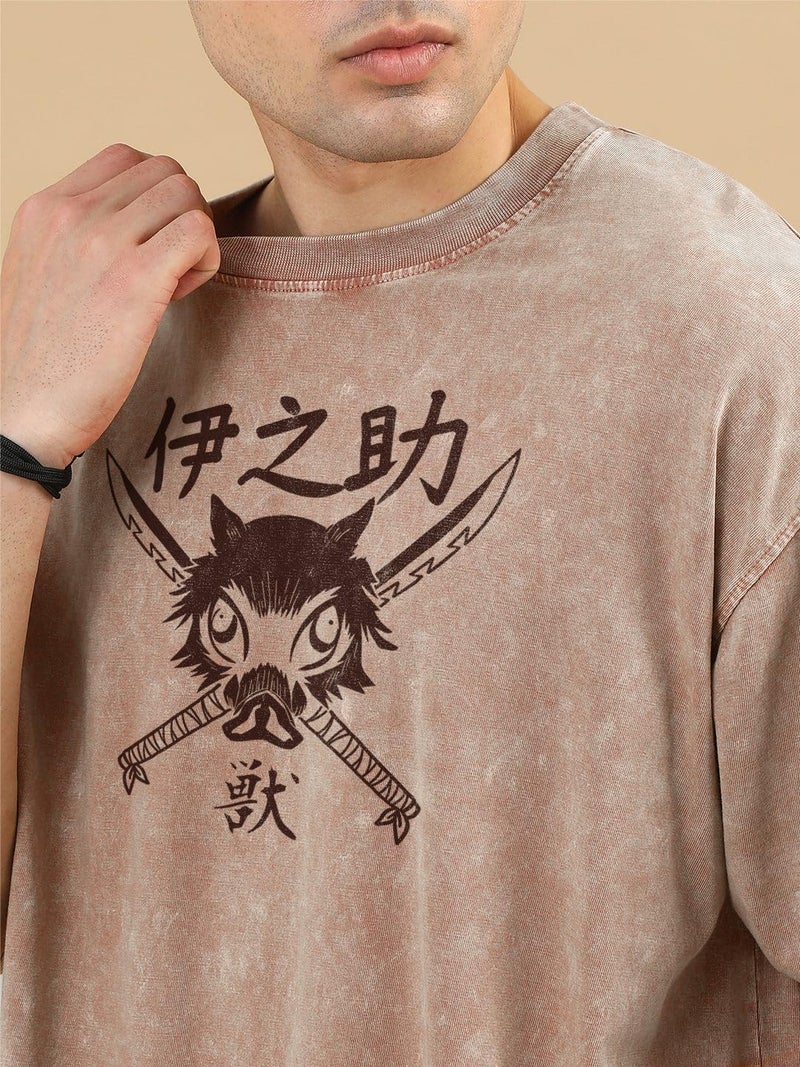 crazymonk Men Cotton Inosuke Hashibra Printed Anime Oversized T-Shirt -Hazzle Nut - M, Beige - Image 5